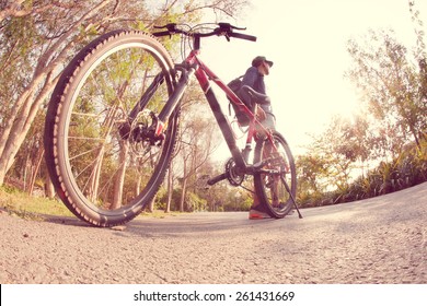 Cyclist With Mountain Bike On Park.