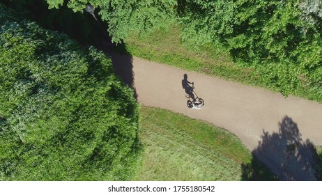 Cyclist On A Bicycle Rides Through The City Park, Path And Trees. Cycling Outdoors, Overhead View Shooting With The Drone.