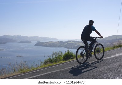 A Cyclist On A Mountain Bike In The Foreground With A Sea And Hill In The Background In New Zealand