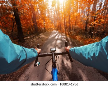 Cyclist on a road bike rides in the autumn forest. First-person view.