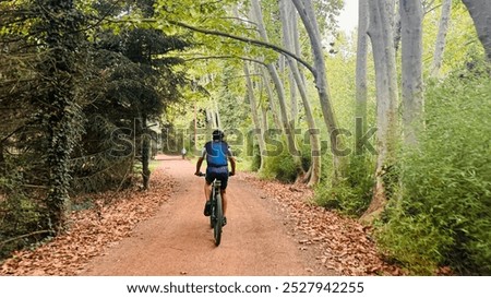 Similar – Radfahrer auf Waldweg