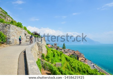 Cyclist on scenic path along green terraced vineyards on the slopes adjacent to Geneva Lake, Switzerland. Lavaux wine region. Switzerland in summer. Swiss landscape. Cycling. Sport tourism