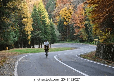 Cyclist rides through scenic autumn forest. Winding road, vibrant fall foliage. Perfect for travel, sports, and nature themes.  - Powered by Shutterstock