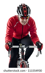 Cyclist Riding A Bike Isolated On White Background.