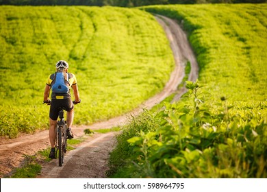 Cyclist Riding The Bike On The Beautiful Spring Mountain Trail