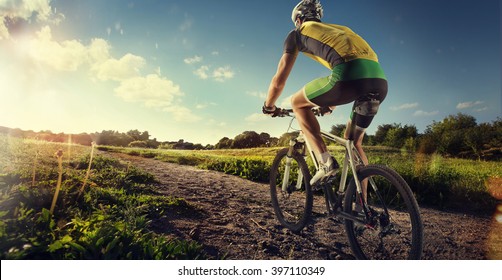 Cyclist Riding A Bike On An Off Road To The Sunset