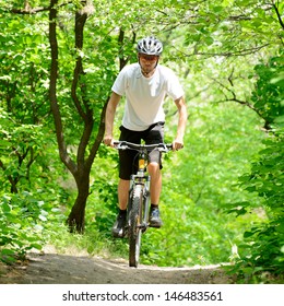 Cyclist Riding the Bike on the Trail in the Beautiful Summer Forest