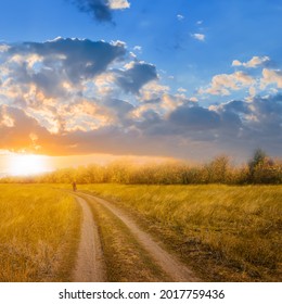 Cyclist Riding Ground Road Among Prairie At The Sunset, Natural Travel Background