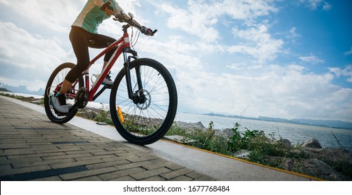 Cyclist riding mountain bike on the coast trail