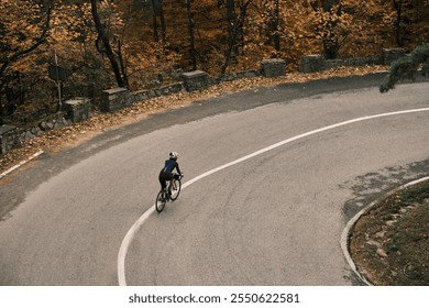 Cyclist riding a road bike on a scenic autumn road. Enjoy the vibrant colors and tranquility of nature.  - Powered by Shutterstock