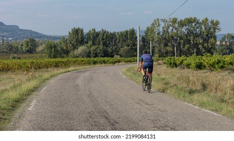 Cyclist Riding Through The Vines In Southern Rhone Wearing A Blue Lycra Outfit