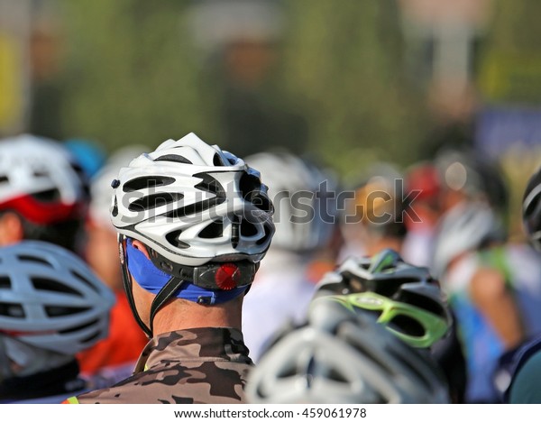 Cyclist safety helmet during the start of the\
cycling race