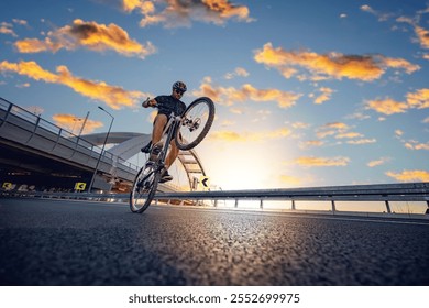 A cyclist skillfully performs a stunt on an urban highway under a vibrant sunset sky. The scene captures athleticism, adventure, freedom, and the thrill of biking in a modern city landscape. - Powered by Shutterstock