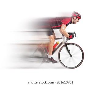 Cyclist Sprints On A Bike Isolated On White Background. Cyclist Sprints To The Finish. Racing Biker On The Bike. Speeding Fast Cyclist. Weary Cyclist Race To The Finish. Fast Motion Blurred Bicyclist.