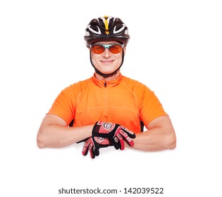 Cyclist Wearing Helmet And Orange Jersey Holding The Horizontal Blank Closeup Portrait