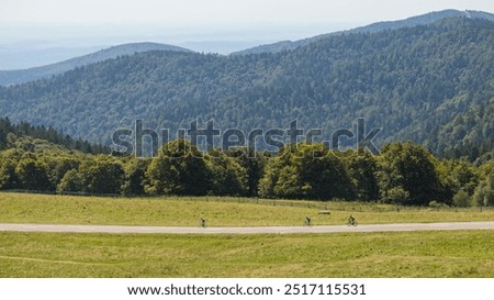 
cyclists going down the road leading to Ballon d'Alsace in the Vosges in France