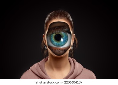 cyclops girl, huge eye in female head. The concept of intuition, premonition, seventh sense. Surrealism. - Shutterstock ID 2206604137