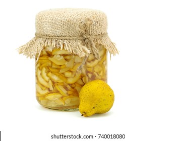 Cydonia or japanese quince fruit slices with sugar syrup in jar on a white background 