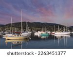 Cygnet, Tasmania, Australia, 06092022: Boats anchored on Gardners Bay.