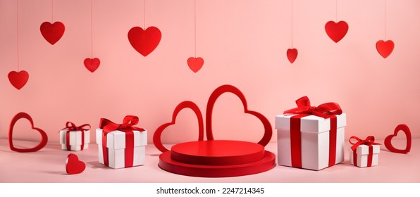 Cylinder pedestal podium,gift boxes and red hearts. Valentine scene for products showcase