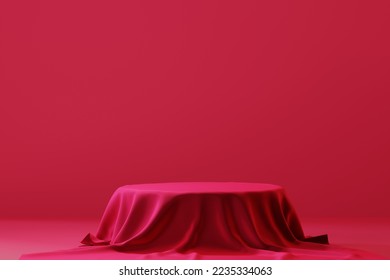 Cylinder podium covered with red cloth on viva magenta background. Premium empty fabric pedestal for product display.  - Shutterstock ID 2235334063