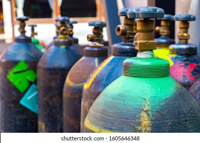 Cylinders With Technical Gases. Fragment Of A Cylinder With Oxygen. Tanks For Liquid Oxygen. Production Of Gas Bottles. Buy Gaseous Oxygen. Fuel Equipment. Equipment For Small Production