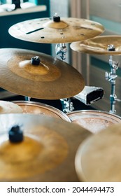 Cymbals in a drum kit. Percussion musical instruments.
