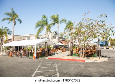 Cypress, California/United States - 07/20/2020: A View Of Make Shift Tents Used For Outdoor Patio Dining During The Pandemic, Seen At A Local El Torito Restaurant.