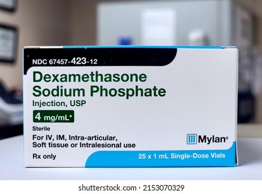 CYPRESS, UNITED STATES - Oct 29, 2021: The Dexamethasone Sodium Phosphate Box For Covid