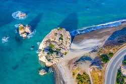 Cyprus. Aphrodite Rock Top View. Petra Tou Romiou From The Height. The Bay Of Aphrodite. Mediterranean Sea Coast. Paphos. Kouklia.  Sightseeing In Cyprus. Panorama With Drone. Seashore From A Height