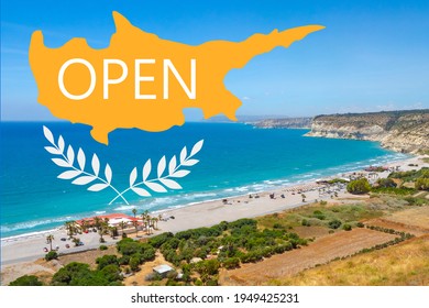 Cyprus Beach. Logo Is Open On Background Beach In City Of Limassol. Bird Eye View Of Kourion Beach Landscape. Opening Of Resorts Cyprus For Travelers. Tourist Cruise To Cyprus. Mediterranean Sea Tour