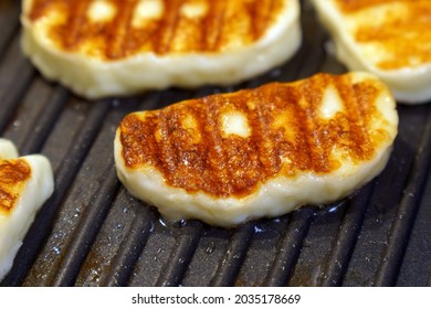 Cyprus Fried Halloumi Cheese. Balanced Food, Close Up. Cooking On A Grill Pan