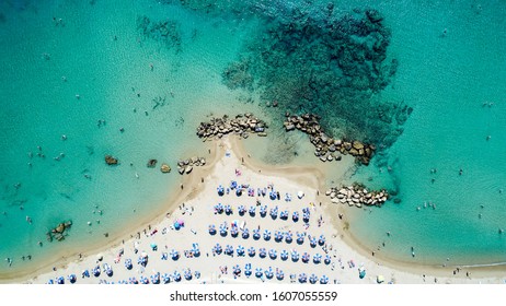 Cyprus Holiday. Cyprus Beach Drone Above. Beach Umbrellas, Mediterranean Sea