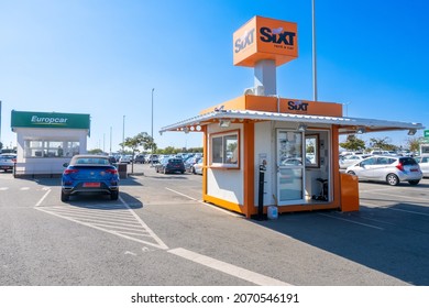 Cyprus, Larnaca Airport. 05.11.2021 Sixt and Europcar parking lots and car rental offices near the airport
