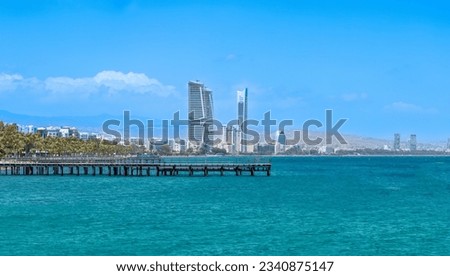 Cyprus, Limassol, Molos seafront promenade and scenic views of Olimpia coast and financial center.