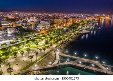 Cyprus. Night Limassol. Night promenade of Limassol. Limassol aerial view. The beaches of the Mediterranean Sea.Travel to Cyprus. Holidays in the Mediterranean.The beaches of Cyprus. Travel to the sea