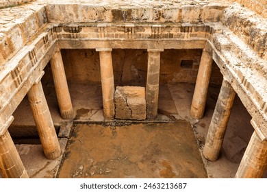 Cyprus. Pathos. Tombs of the Kings. Paphos Royal antique necropolis. Underground hall with columns under the open sky. Paphos archaeological memorial. Touristic sightseeing Cyprus. Travel to Cyprus. - Powered by Shutterstock