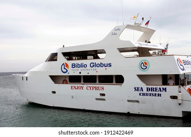 Cyprus, Protaras - May, 18 2014: View Of The Tourist Cruise Boat Of The Biblio Globus Tour Operator In The Port.