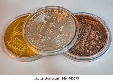 cyripto money mining. close up physical bitcoin coins. 
