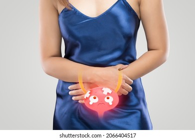 Cystitis symptoms with woman on a gray background.