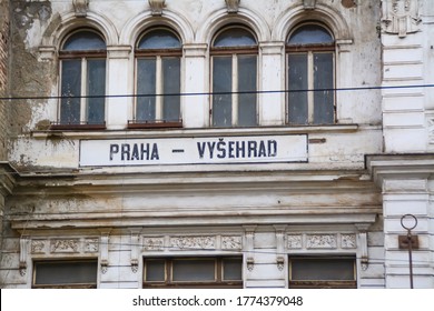 CZ, Prague 12.03.2017: Wall Of The Old Train Station In Vysehrad In Prague With A Nameplate And Windows