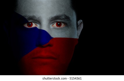 Czech Flag Painted/projected Onto A Man's Face.