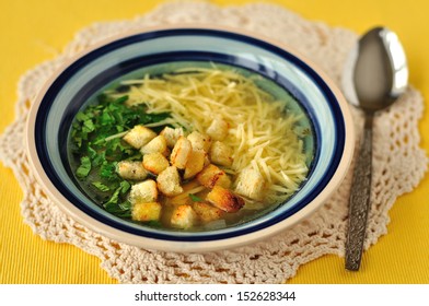 Czech Garlic Soup With Cheese, Parsley And Croutons