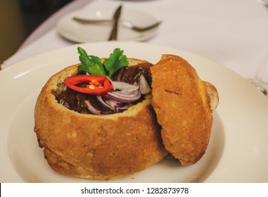 Czech Goulash Served in Bread Bowl. Prague, Czech Republic