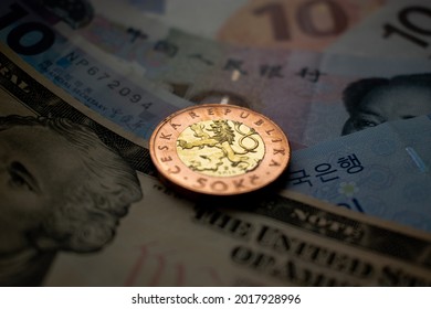 Czech koruna coin and banknotes in denominations of 10 euros, dollars,korean won