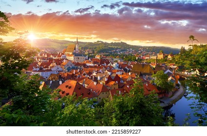 Czech Krumlov Czech Republic. View at old european town and river Vltava. Travel and landmark panorama.