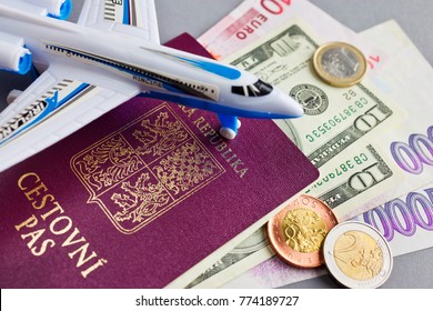 Czech passport - travelling by air - czech and foreign currency - airplane modell