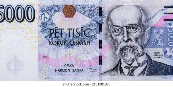 Czech Presidents, Tomas Masaryk. Portrait from Czech Republic 5000 Korun 2009 Banknotes.  - Shutterstock ID 2131381373