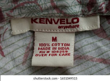 CZECH REPUBLIC - CIRCA 2020: Kenvelo Woven Clothing Label Of An M Size 100% Cotton Shirt Made In India. Kenvelo Is A Clothing Firm Originally From The Czech Republic. 