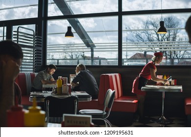 VYSOKÉ MÝTO, CZECH REPUBLIC - MARCH 3, 2017: Pictures Of The Retro American Burger Restaurant BBQ Smokehouse In The Czech City.